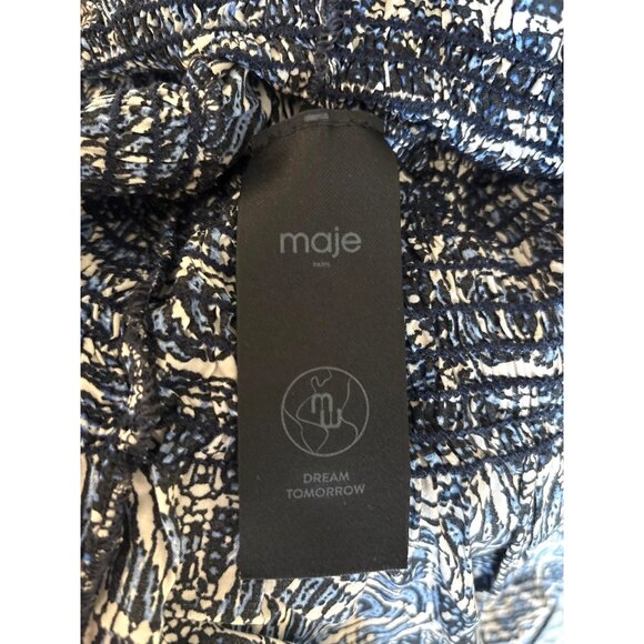 Maje Dress Size 42 / Large Printed Viscose Smocking Ruffle Indigo Black $385 - Picture 12 of 13
